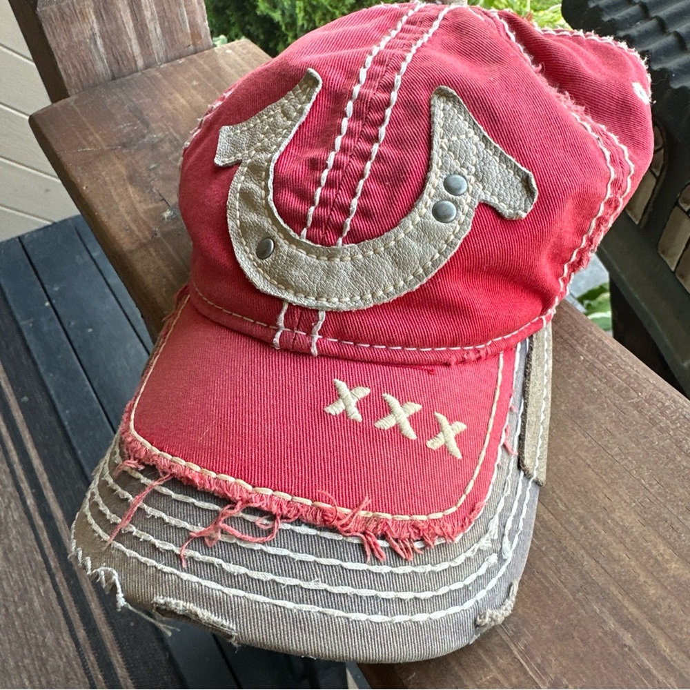 True Religion Trucker Hat RED XXX Distressed Vintage Logo Mesh Back Y2K